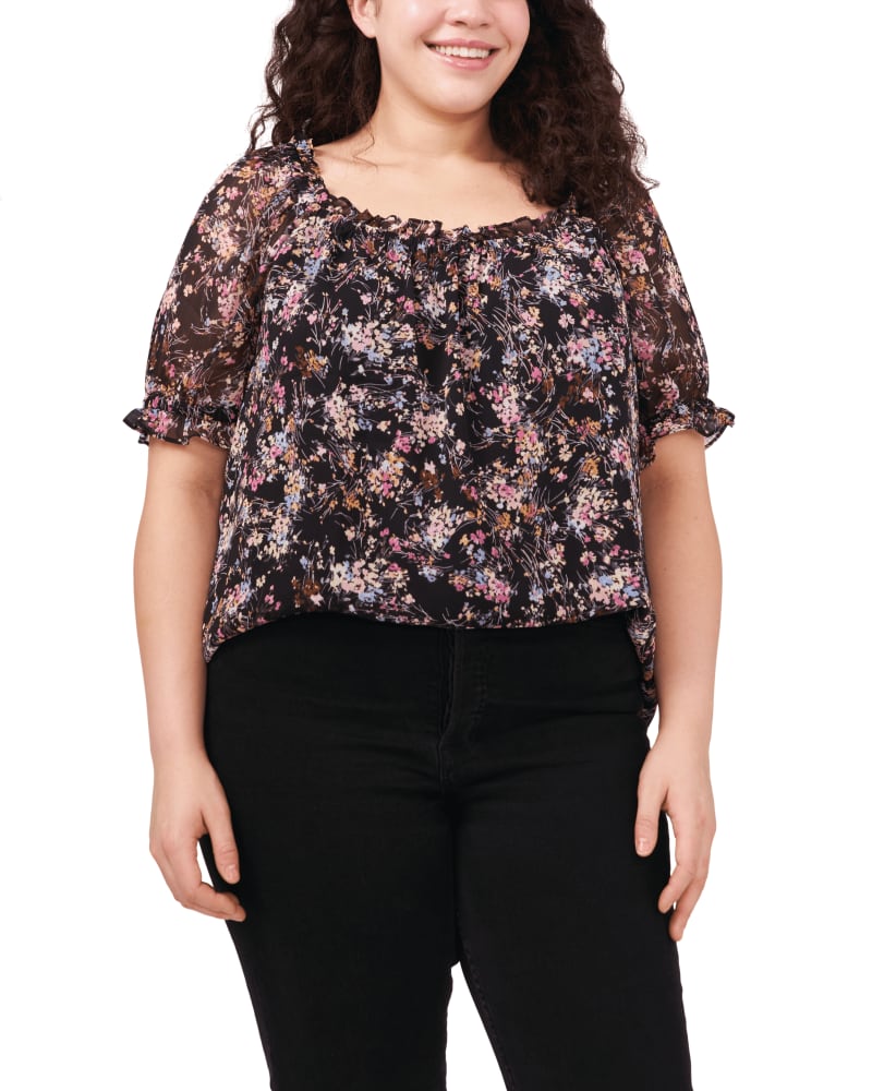 Front of a model wearing a size 1X Monica Square Neck Blouse in 060-RICH BLACK by CeCe. | dia_product_style_image_id:263860